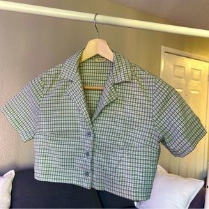 Brandy Melville green plaid collard crop button up